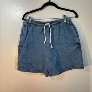 Los Angeles Apparel Denim Gym Shorts Womens M Blue Drawstring High Waist Casual